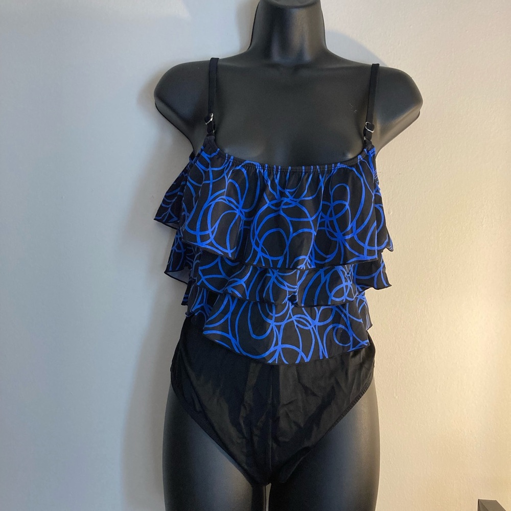 Blue and Black Ruffled Swimsuit